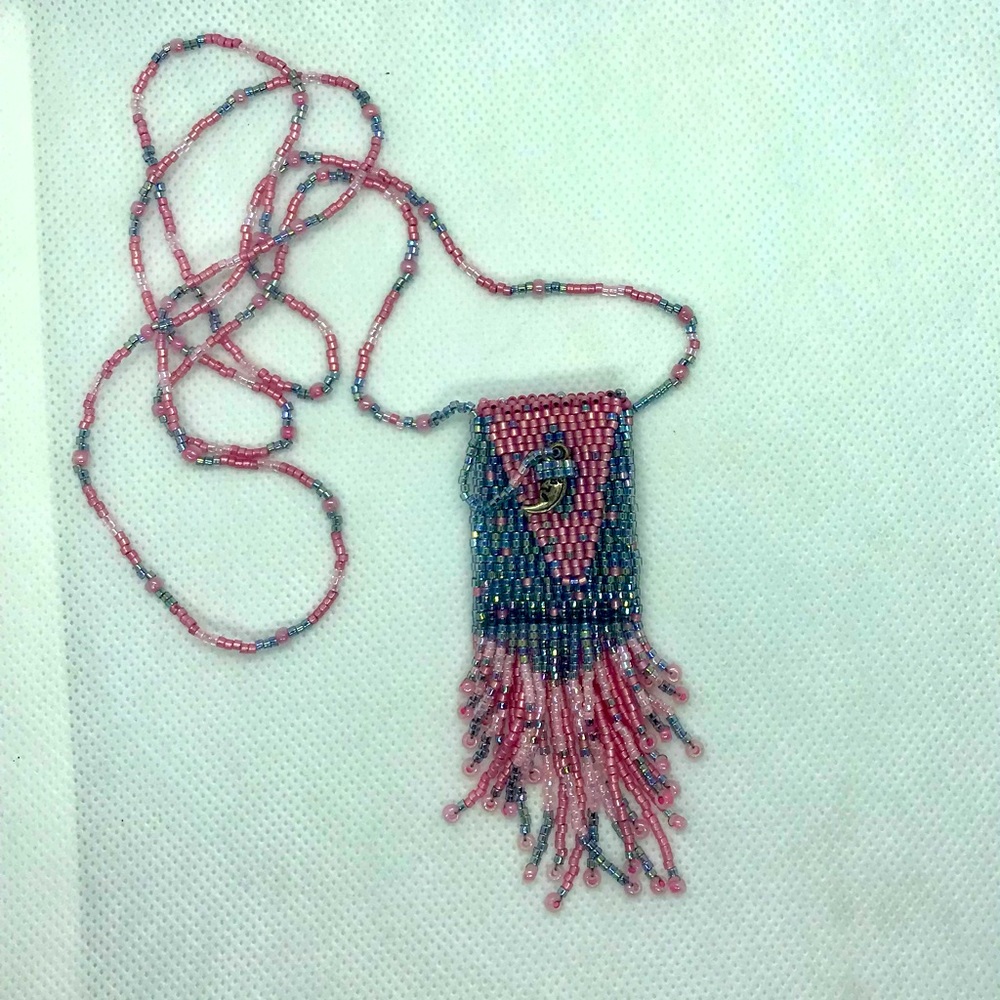 Handmade by me pink and gray fringe beaded bag
